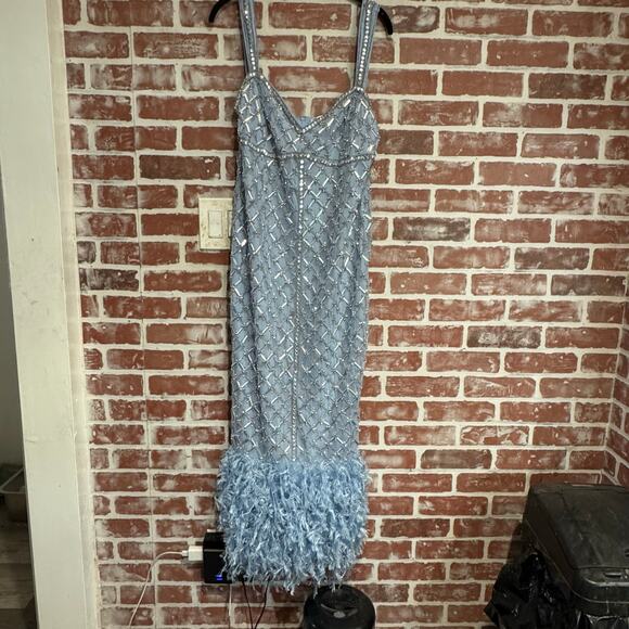 NWT ASOS DESIGN Light Blue Beaded Feather Hem Dress Size 14 Glam Formal Gown - Picture 2 of 16